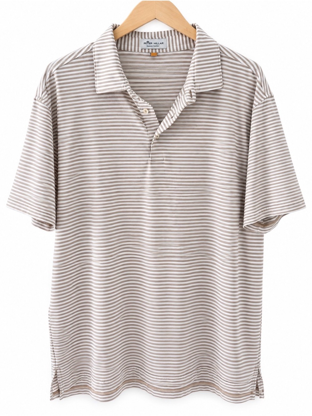 Peter Millar Taupe and White Striped Short-Sleeve Polo